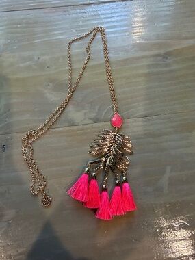 Lilly Pulitzer Gold-Tone Leaf Pendant Necklace with Hot Pink Tassels